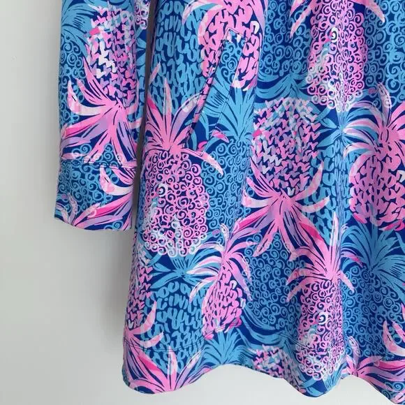 Lilly Pulitzer Skipper Popover Dress Large Blue Pink Pineapple Tropical Resort - Picture 3 of 12